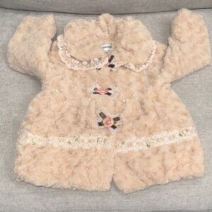 Plush soft Beige Coat with Lace and rose Details rhinestones and pearls